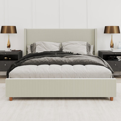 Tall Wingback Headboard King Size Platform Bed with Plush Corduroy Upholstery
