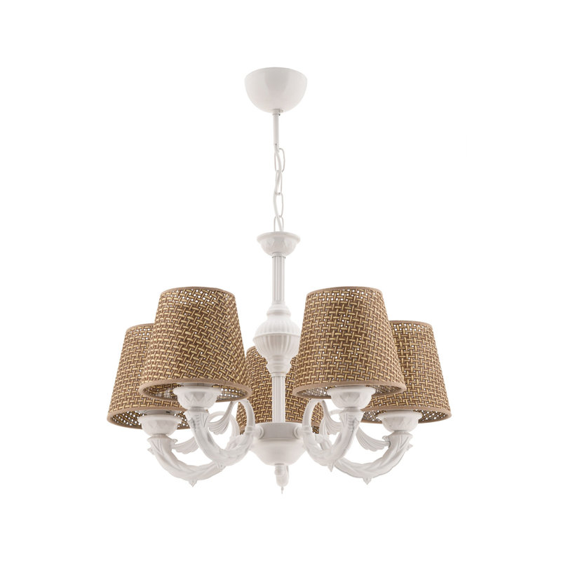 Lustre élégant en métal, finition naturelle et blanche, 25,6 po x 21,7 po x 25,2 po | 5 x douilles E27 (40 W maximum) | Parfait pour la salle à manger et les espaces de vie, conception élégante, capuchon en tissu durable, indice de protection IP20, ampoule non incluse