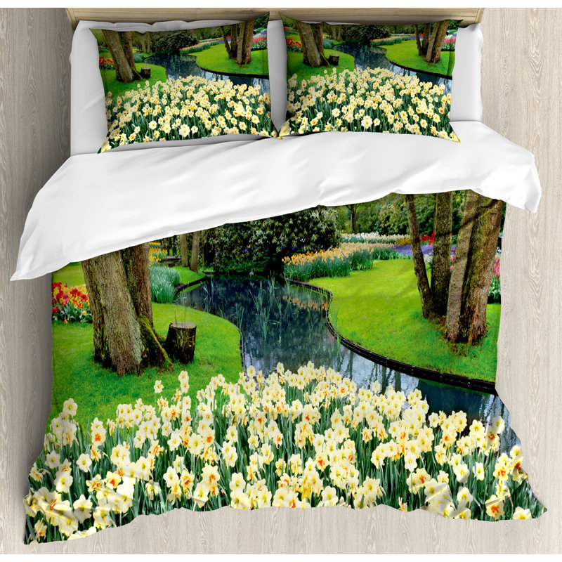 Queen Green and Brown Floral Garden Duvet Cover Set