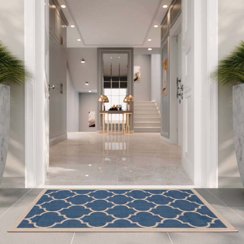 Tapis d'intérieur / extérieur à motif géométrique Courtyard Performance, Rectangle 2 pi 7 po x 5 pi, Beige / marine