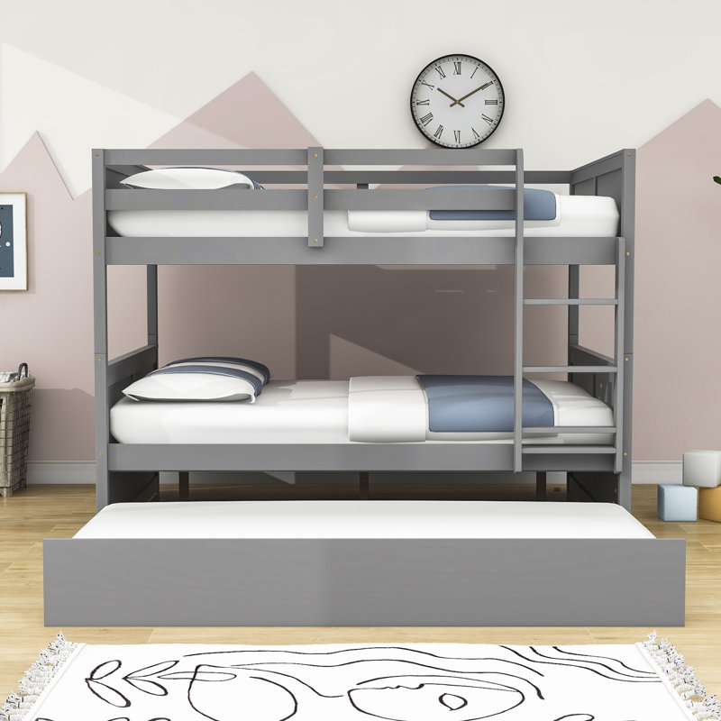 Lit superposé double au-dessus d'un lit double avec lit gigogne simple, gris