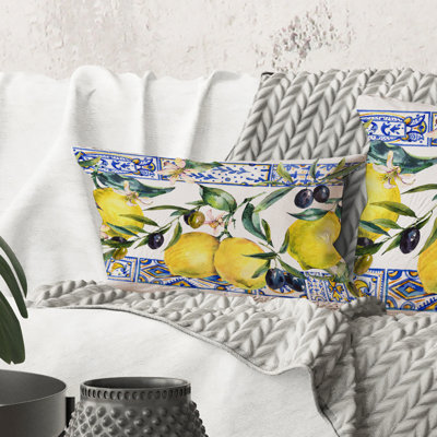 Rectangle,Lemon Ornament On Blue Geometrical Pattern II - Tropical Printed Throw Pillow