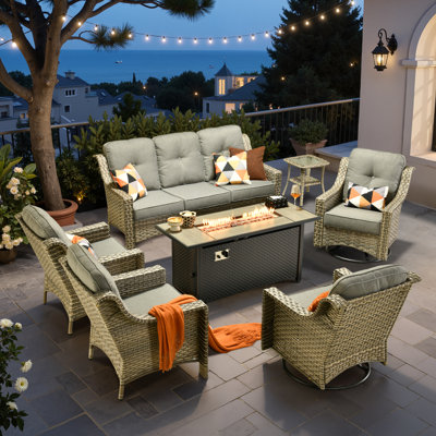 Emanuell 7 - Person Wicker Outdoor Conversation Set, Patio Sofa & Swivel Chair Set with Fire Pit and Cushions