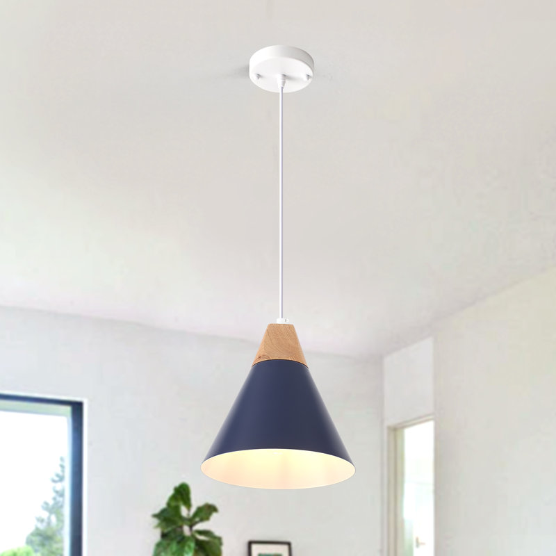 Luminaire suspendu pour îlot de cuisine 1 lumière avec accents en bois Hinsinger, Bleu, Paquet de 1