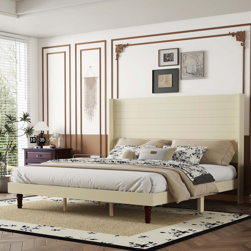 Stylish High Headboard Platform Bed, Beige, King
