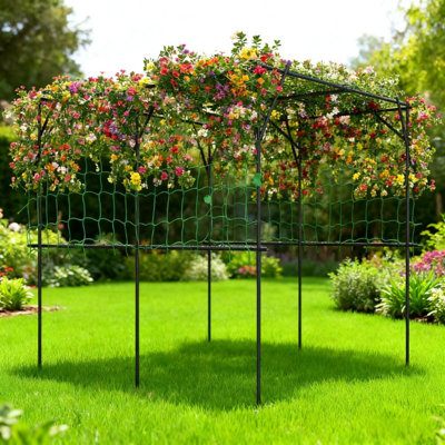 87.8" Large Black Metal Arch Trellis with Net, Adjustable Garden Plant Support