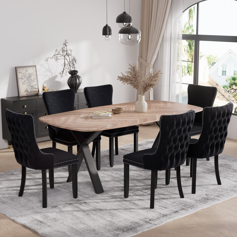 Rectangle Dining Set with Velvet Dining Chair, Black/Black