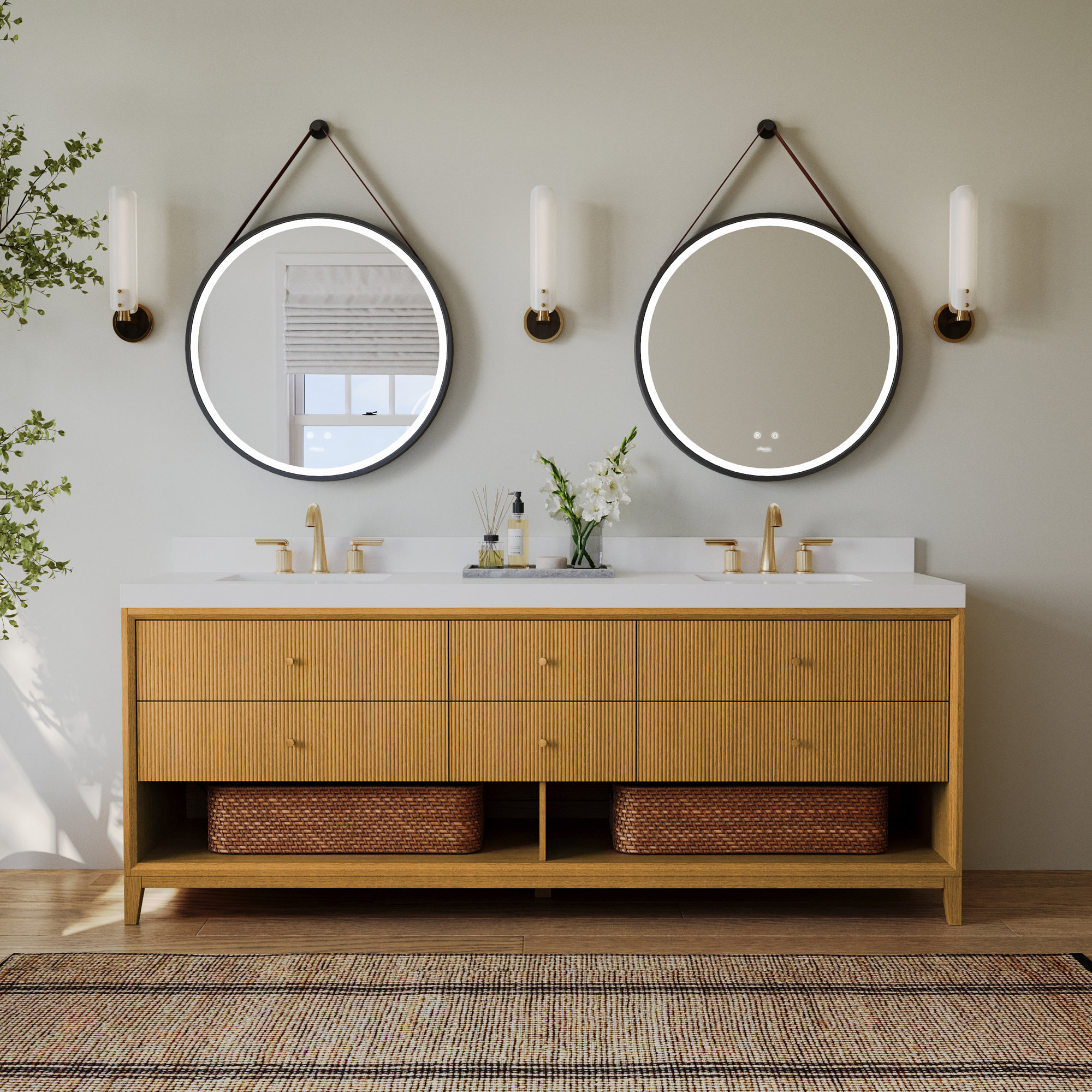 Momo Bath Vanity Set With White Quartz Vanity Top And White Undermount Basin, Sienna, 84"