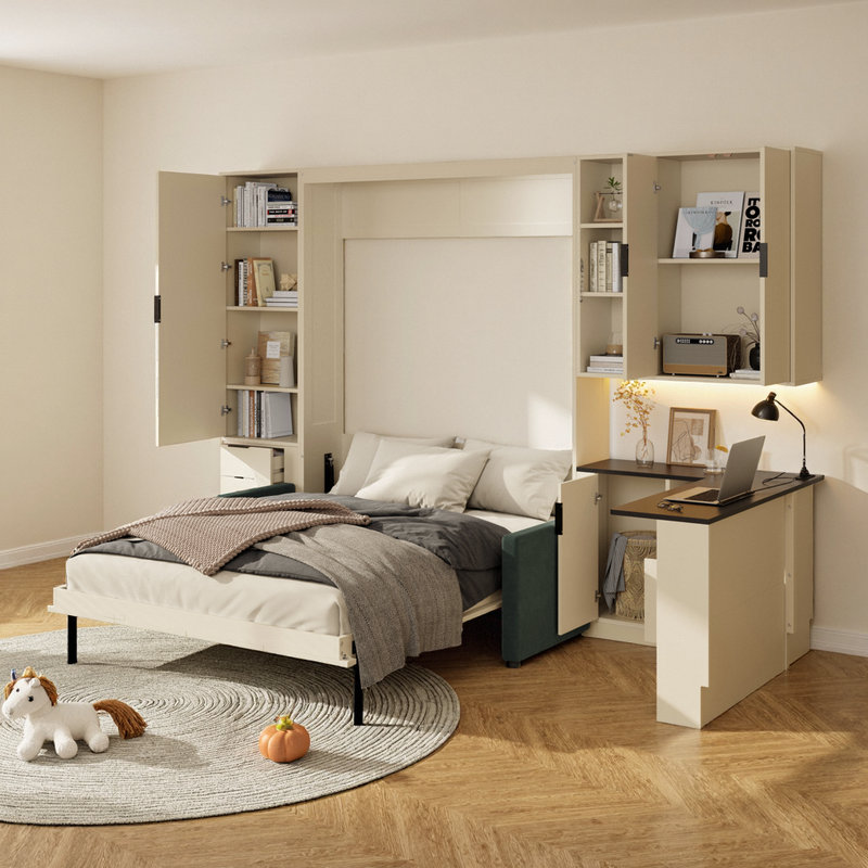 Grand lit escamotable hydraulique avec canapé et bureau intégrés, Beige
