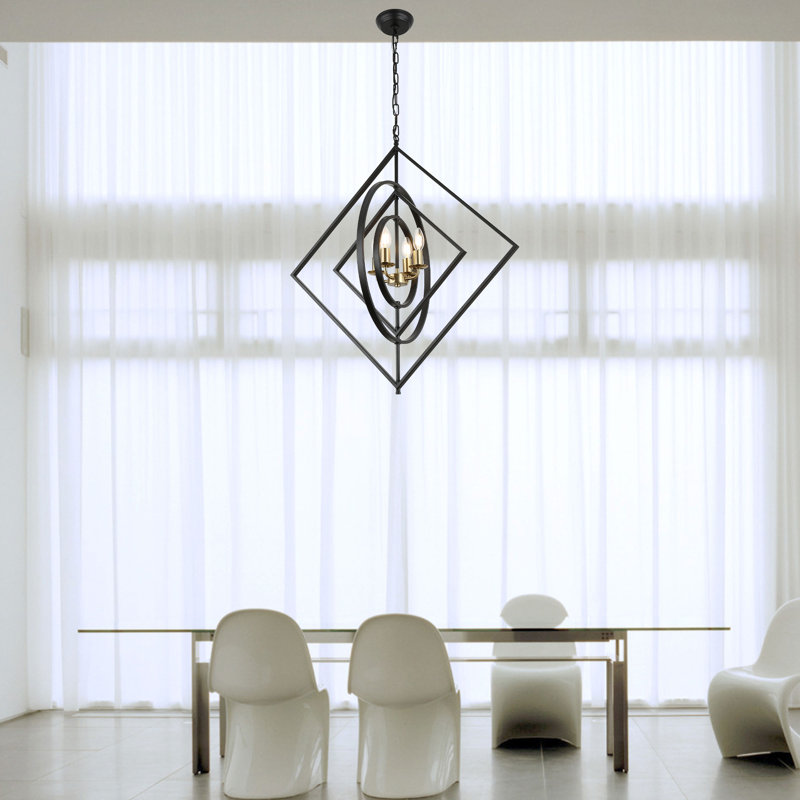 Lustre géométrique noir Lucrece à 4 lumières (77,7 cm), style industriel, hauteur réglable, idéal pour un îlot de cuisine.