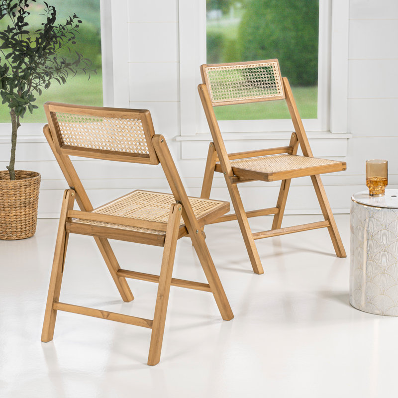 Theo Light Brown Wood and Rattan Folding Chairs, Set of 2