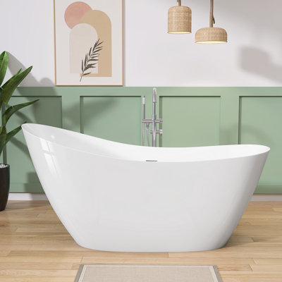 55" W X 28'' D Acrylic Freestanding Oval Bathtub Stand Alone Slipper Bath Tub Soaking Modern Bathroom Tub in White with Non-Slip Design & Integrated Overflow