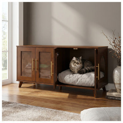 Armoire pour litière Myra Premium en bois d'hévéa avec portes en rotin et coussin douillet - Enclos pour animaux Mid-Century moderne en noyer
