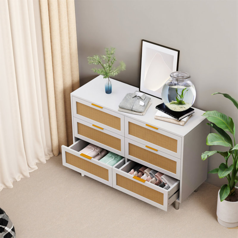 Multi purpose Rattan 6 Drawer Dresser,Modern Storage Cabinet with Wooden Legs, Black/Natural, 29.53" H x  43.31" W x 15.75" D