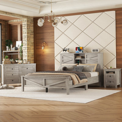Ensemble de chambre à coucher 3 pièces avec lit plateforme grande ferme avec tête de lit double à porte coulissante