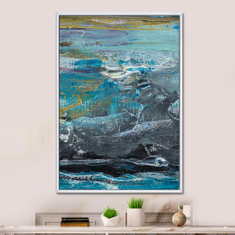 Artistic Blue Grey Brush Strokes - reproduction d'art sur toile encadrée, H 32 po x l 16 po x P 1 po, Cadre flottant blanc