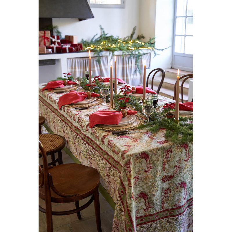 Renne Handmade Floral Tablecloth, 142" x 71", Green/Red