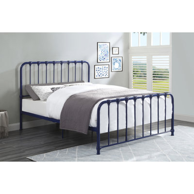 Lit plateforme double en métal pour chambre à coucher, finition décorative bleue avec sensation de confort