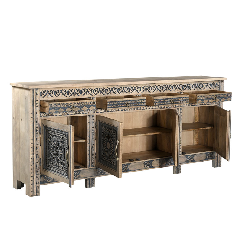 Buffet 102 po à quatre tiroirs en bois massif vieilli naturel et noir
