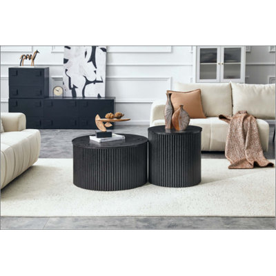 Ensemble de 2 tables basses gigognes, tables rondes en panneau de fibres à densité moyenne avec rangement intégré, tables d'appoint pour le salon et la chambre à coucher
