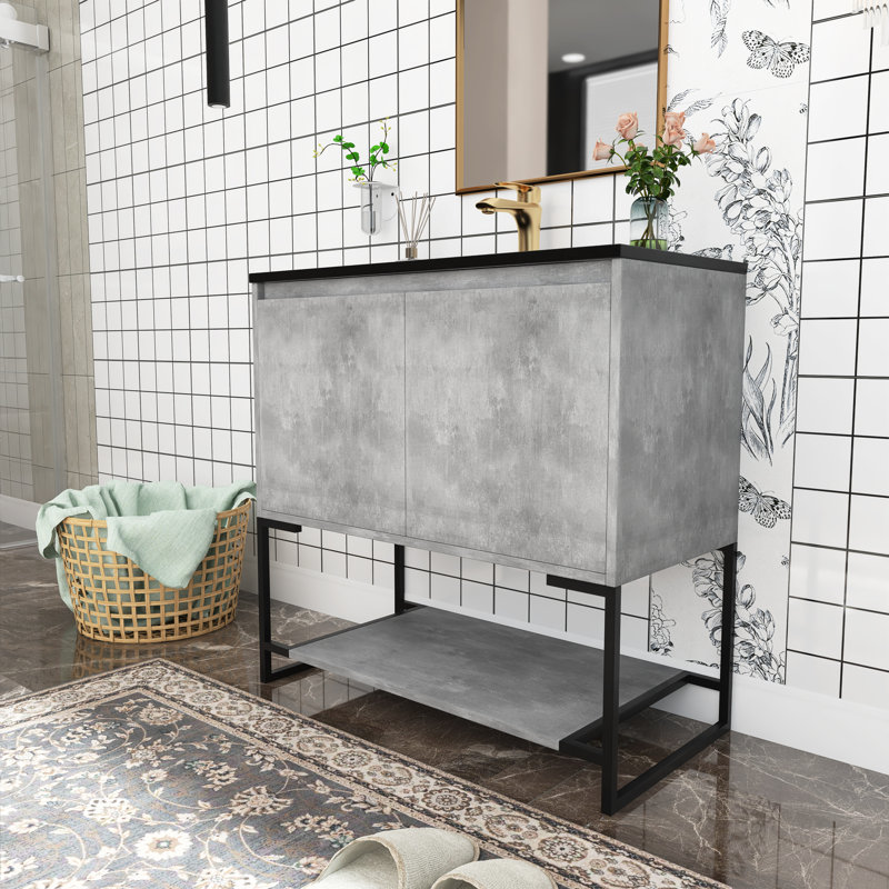 Rithi 35.16'' Single Bathroom Vanity with Solid Surface Top, Cement Gray