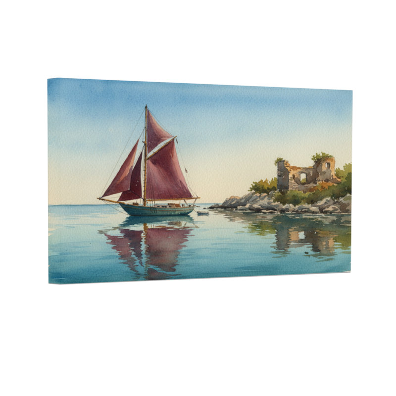 Paysage et nature voilier sur l'eau calme près des ruines, H 12 po x l 18 po