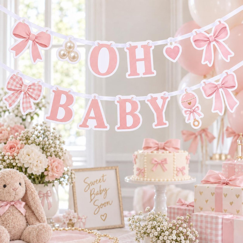 Oh Baby Coquette Baby Shower Banner, Bow and Pearl Cardstock Garland