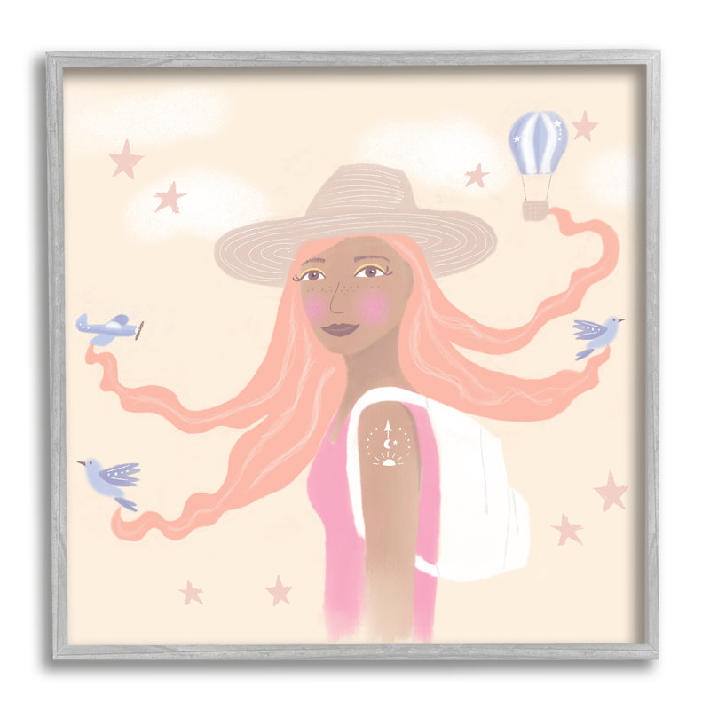 Art mural en toile surdimensionnée, fille qui coule des oiseaux, H 24 po x l 24 po x P 1,5 po, Cadre gris