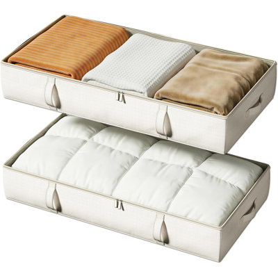 Contenants de rangement latéraux sous le lit, bacs de rangement sous le lit de 6 pouces de hauteur de 60 L avec poignées robustes et parois latérales, organisateur de placard pour vêtements, couvertures, articles saisonniers, beige, paquet de 2
