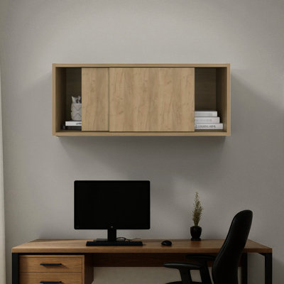 Wall - Mounted Storage Cabinet With Sliding Doors, 32 Inch Wide For Garage And Living Room Space Optimization, Concealed Office Supplies, Clean Contemporary Structure, Natural Wood Door Bedroom Work