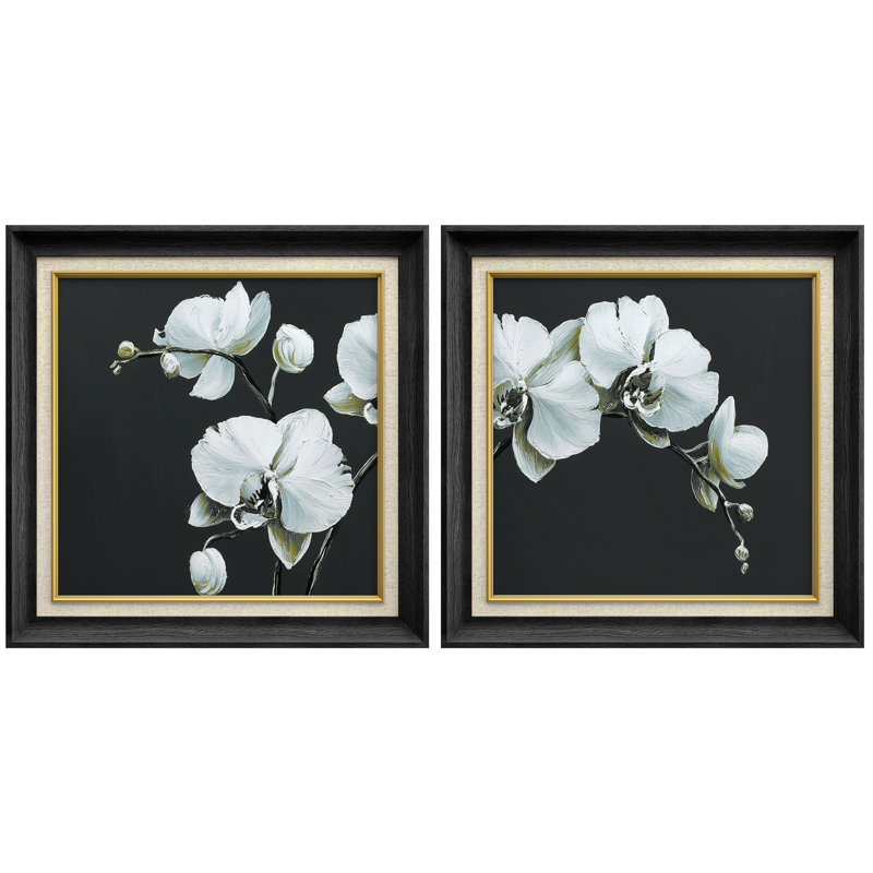 Élégante orchidée blanche sur fond foncé, décoration murale botanique moderne, H 26 po x l 26 po x P 1,5 po, Noir