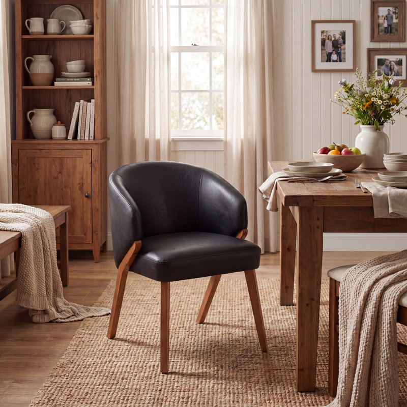 Upholstered Dining Chair with Wooden Legs, Black Faux Leather