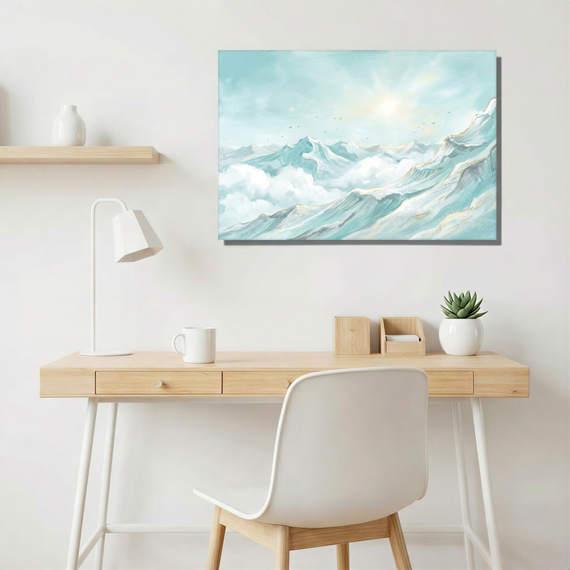 Toile sarcelle enneigée avec oiseaux et soleil, art mural, H 16 po x l 24 po