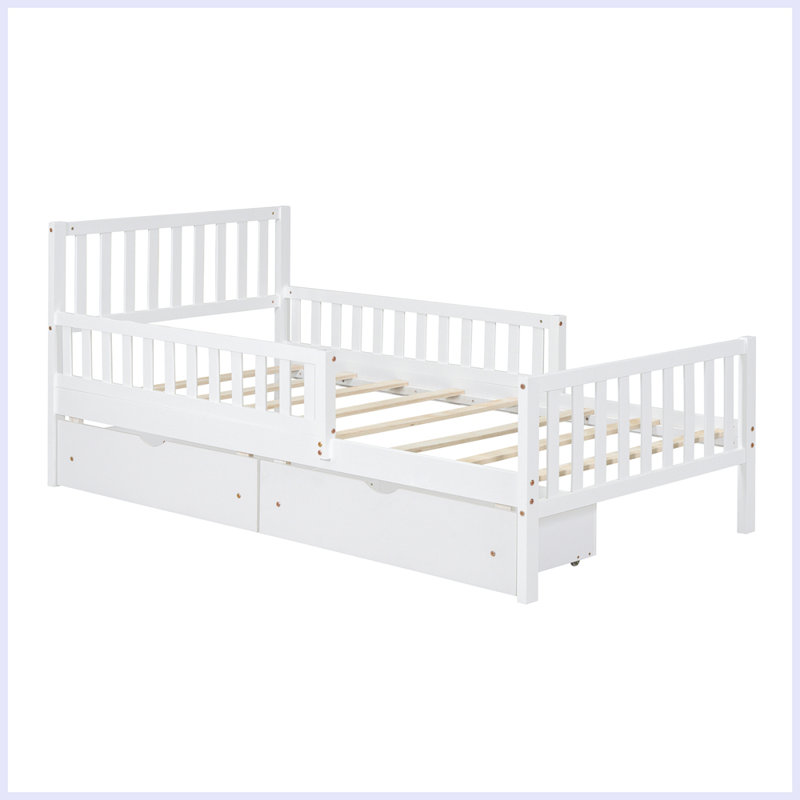 Lit plateforme simple en bois avec garde-corps des deux côtés et deux tiroirs de rangement, rose, Simple, Blanc