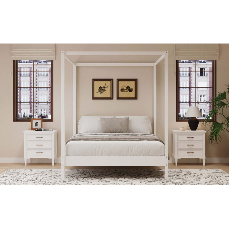 Solid Wood King Size Canopy Bed Frame with Four Poster Support, No Box Spring Needed, Elegant White Finish