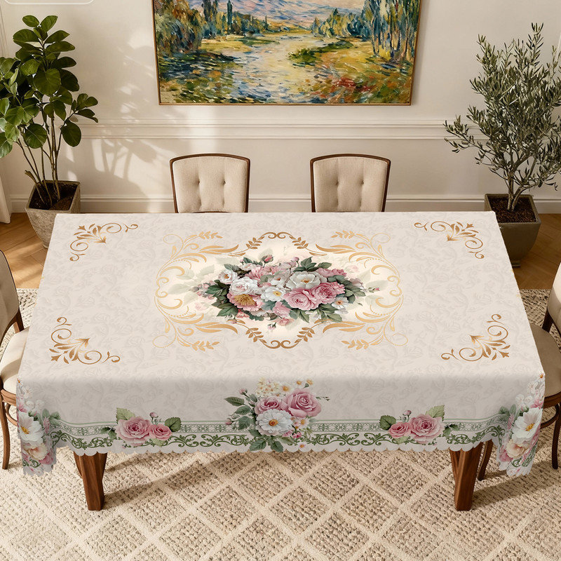 Machine-washable pink rose champagne-colored polyester tablecloth, 70.8" L x 55.12" W