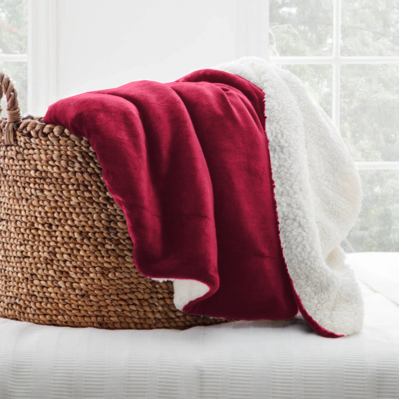 Ultra-Soft Sherpa Fleece Blanket(Reversible), Burgundy, 150cm x 130cm