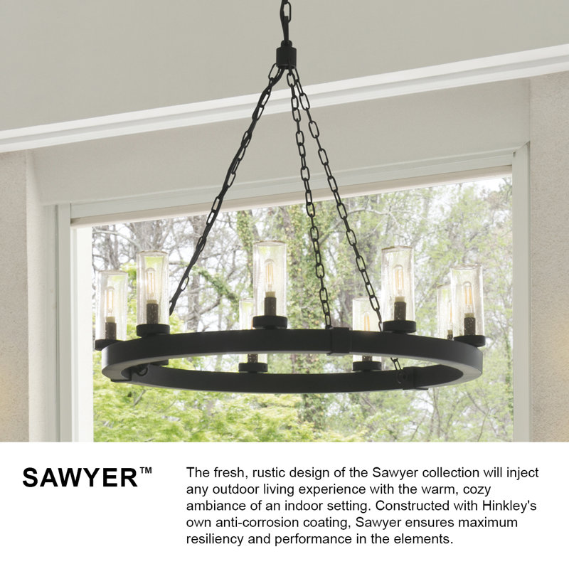 Sawyer Black 9-Light LED Outdoor Chandelier with Clear Seedy Glass