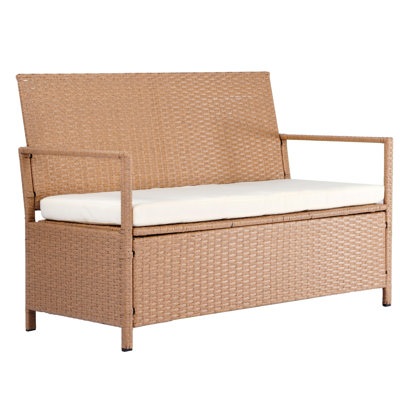 Banc de rangement extérieur PE 70 gal avec coffre de terrasse, étanche, capacité 2 personnes, structure stable en acier allié, coussin de 7 cm d'épaisseur, montage rapide, siège étanche beige, conception monobloc, cadre, installation facile.