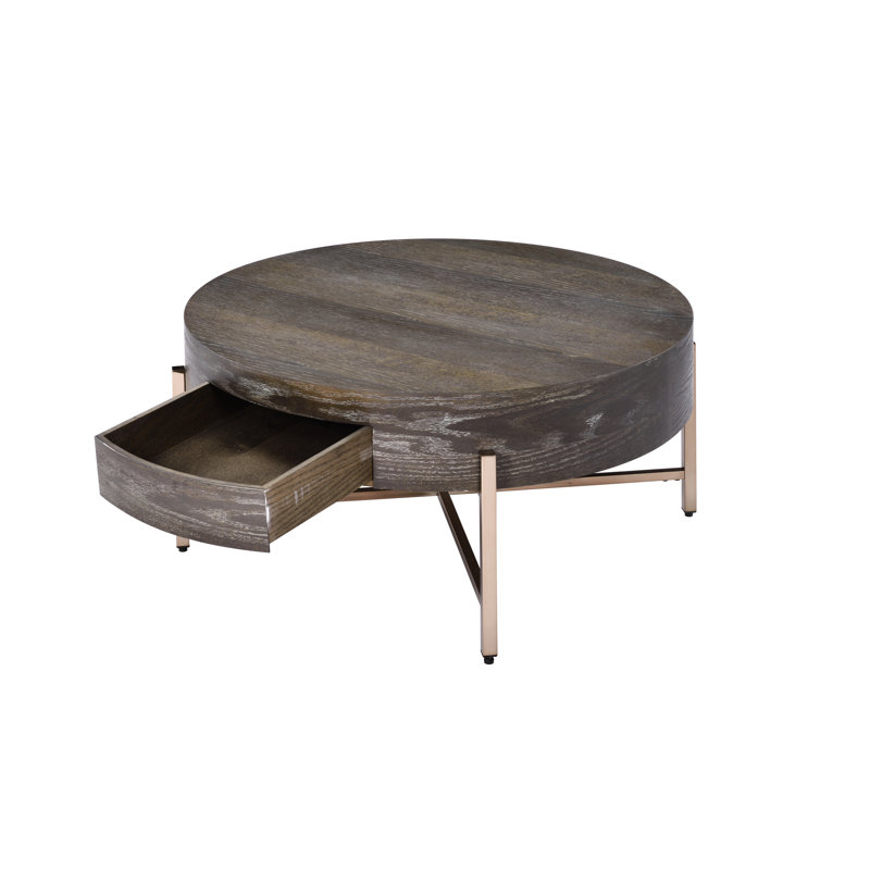 Table basse d'appoint brune et champagne avec 1 tiroir, base en métal x, placage de chêne, dimensions 32 x 32 - compartiment de tiroir, forme de tube cylindrique, 32 x 32 x 16