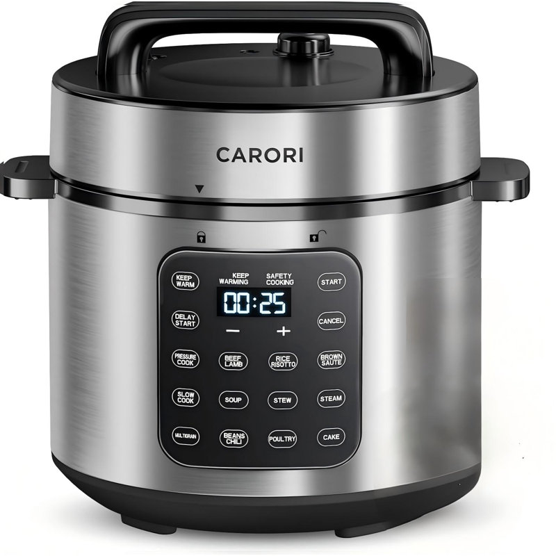 Autocuiseur électrique argenté de 6 litres, multicuiseur 9 en 1, cuve antiadhésive, écran tactile 12 programmes prédéfinis, soupape de vapeur sécurisée