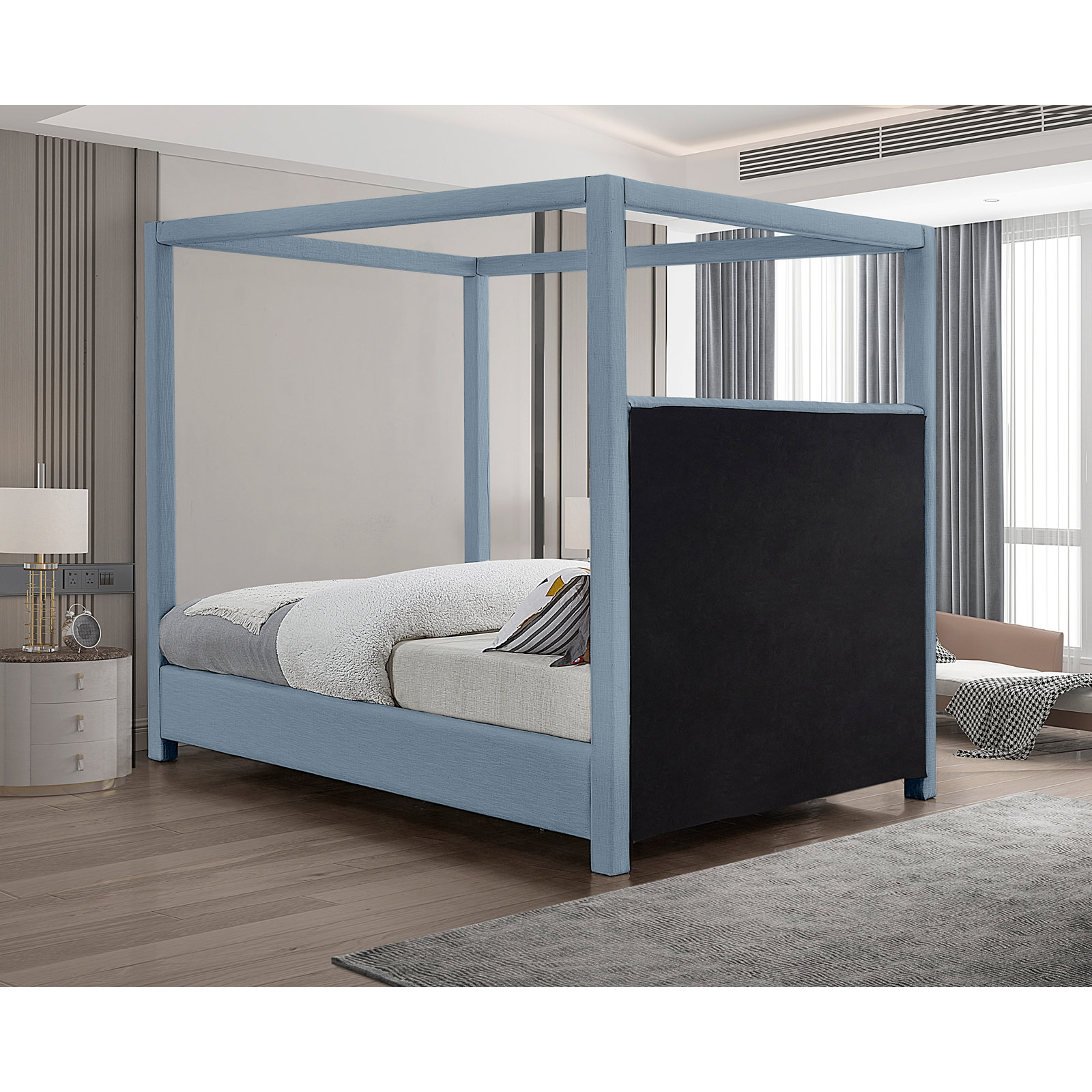 Mistaya Upholstered Canopy Bed, Sky Blue Linen , Full