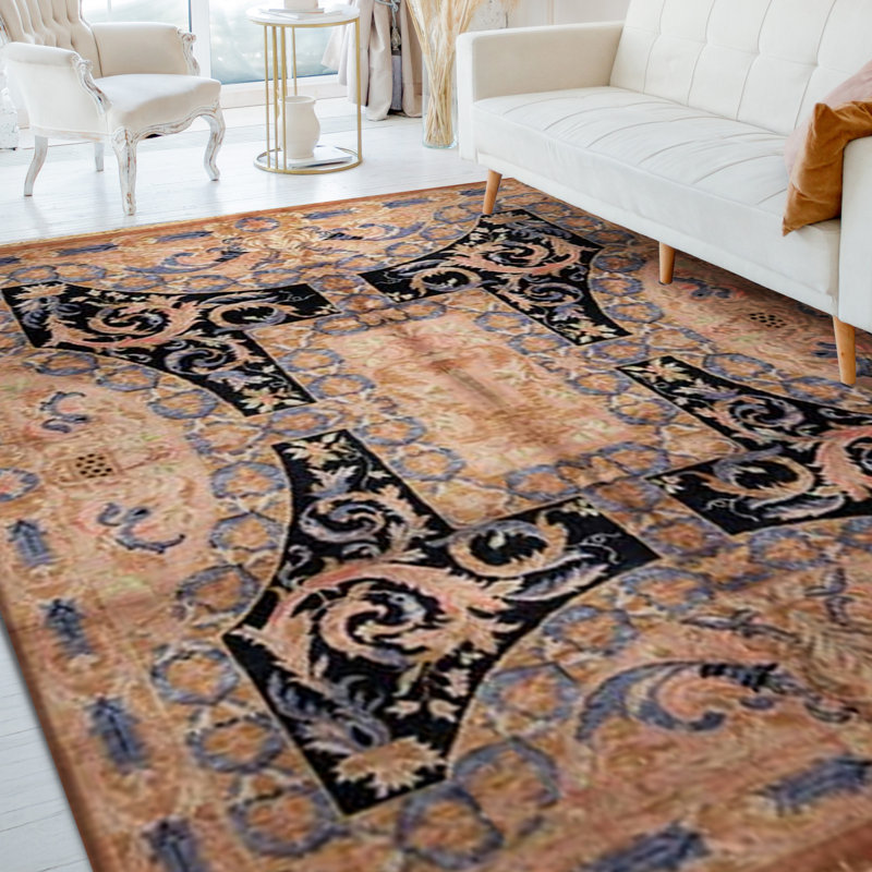 Hand-Knotted High-Quality Black and Beige Area Rug