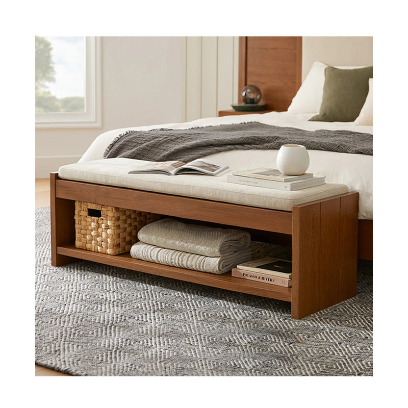 Banc en bois massif et tissu de style milieu du siècle pour chambre et salon, H 18,9 po x l 55,91 po x P 17,72 po