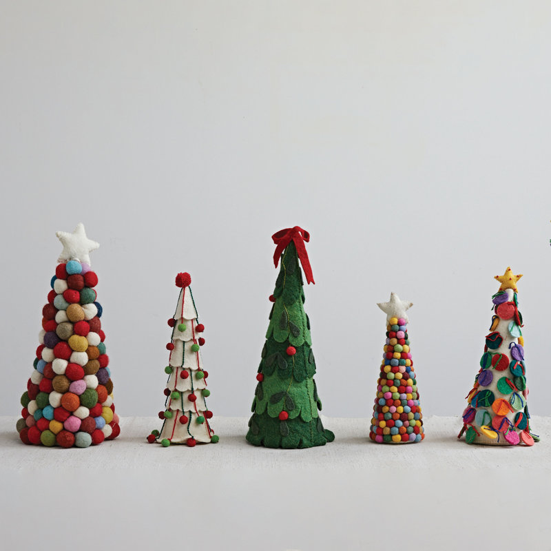 Handmade Wool Felt Tree With Bow And Pom Poms