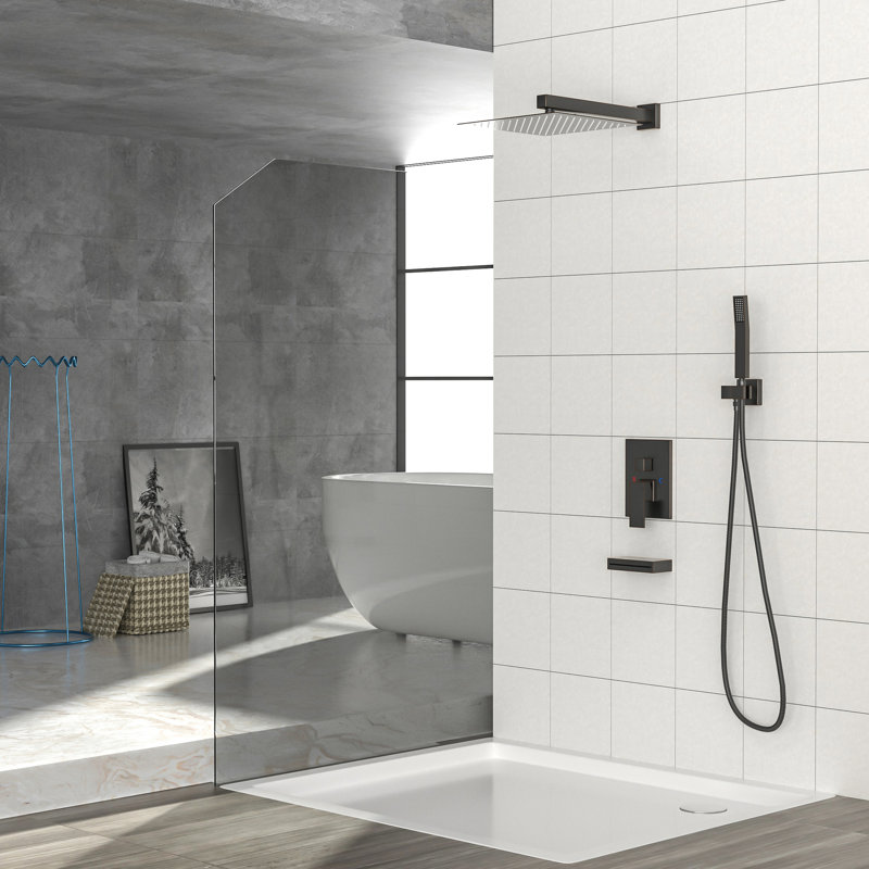 Système de douche bronze huilé - douchette cascade, douchette carrée 12 po, à main, balancée, avec douchette 12 po bronze huilé, soupape équilibrée