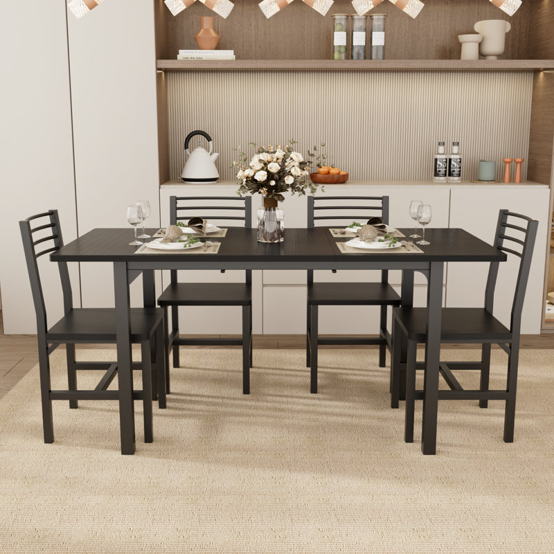 Ensemble de salle à manger 5 pièces en bois et métal avec table extensible à quatre pieds, Noir