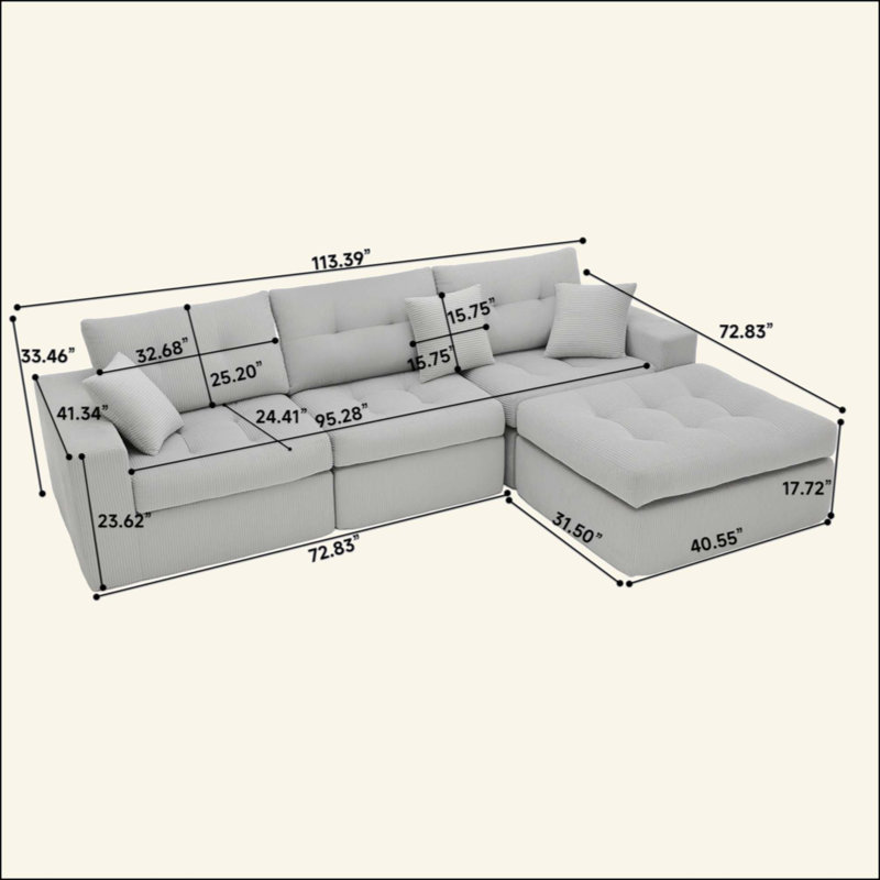 Canapé-lit en coin avec méridienne à compression Corduroy, canapé modulaire en forme de L avec éponge à haute densité, canapé convertible sans assemblage requis pour le salon, appartement, chambre d'amis
