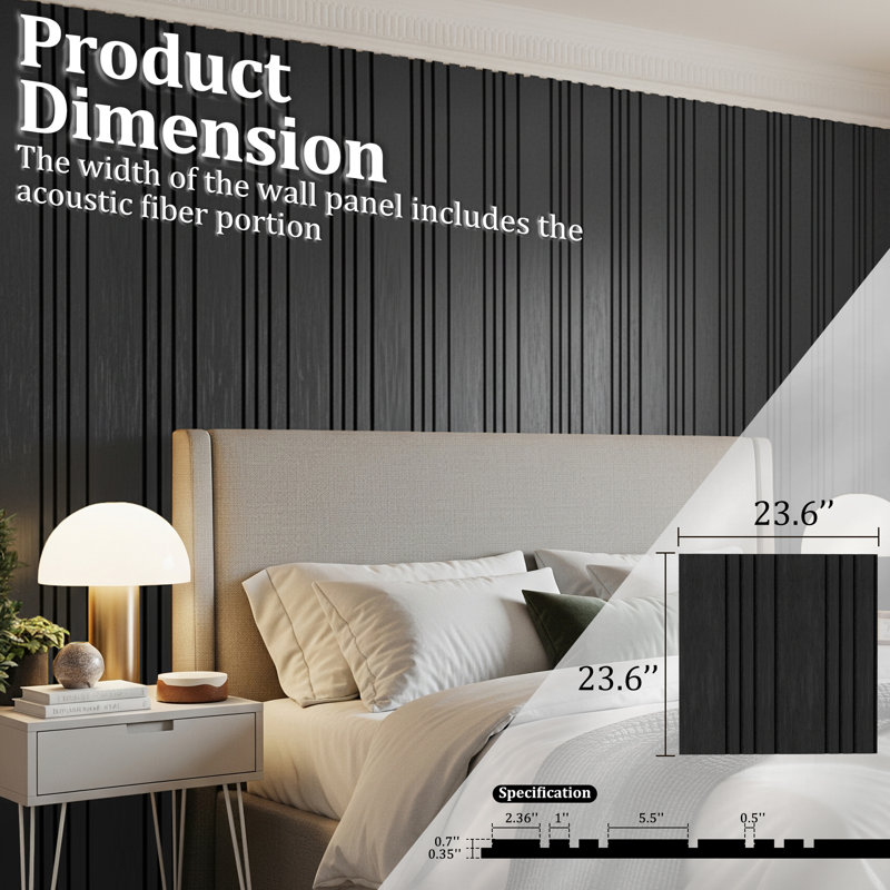 23,6 po X 23,6 po Panneaux muraux décoratifs en bois à lattes carrées 3D (paquet de 8), Noir mat