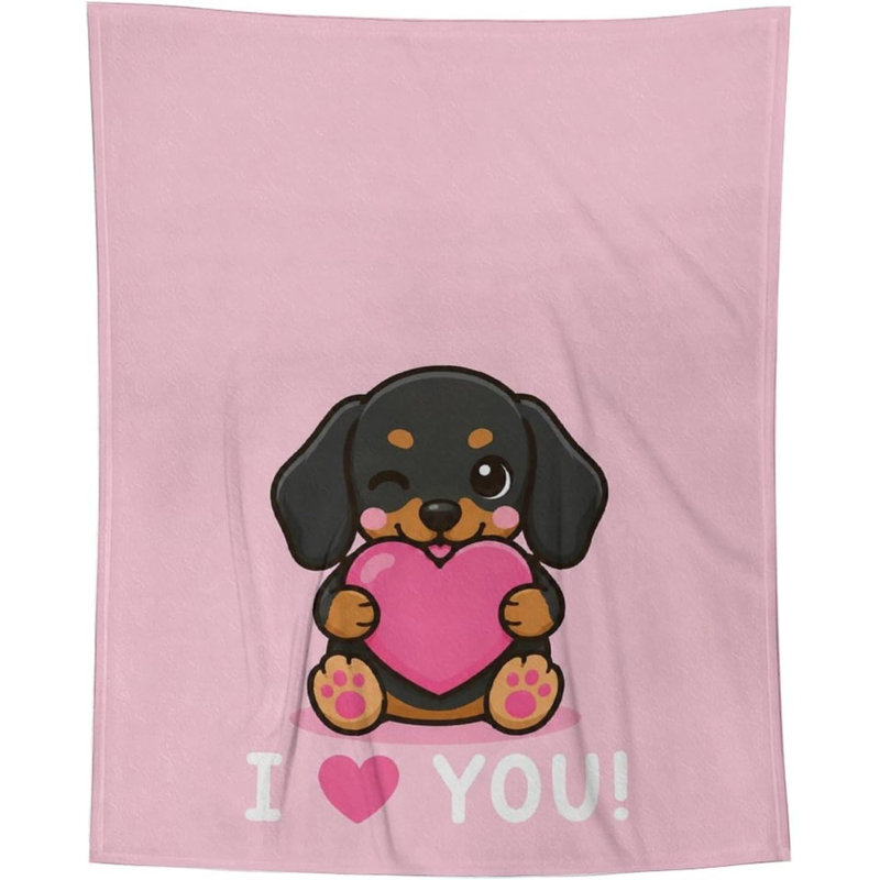 Couverture de teckel 30 x 40 pouces en flanelle avec un joli cœur rose et un chiot pour un canapé-lit, 40" L x 30" W